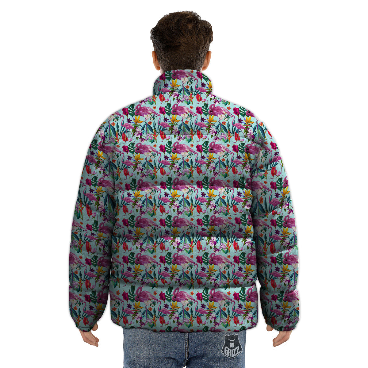 Flamingo Tropical Colorful Print Puffer Jacket-grizzshop