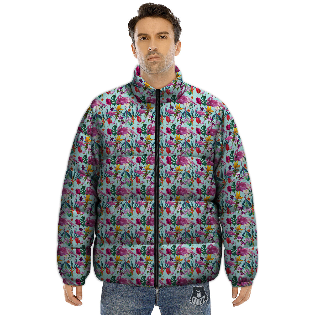 Flamingo Tropical Colorful Print Puffer Jacket-grizzshop