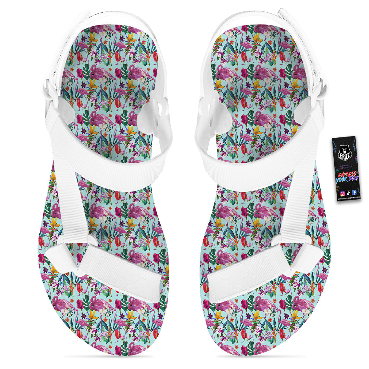 Flamingo Tropical Colorful Print White Open Toe Sandals-grizzshop