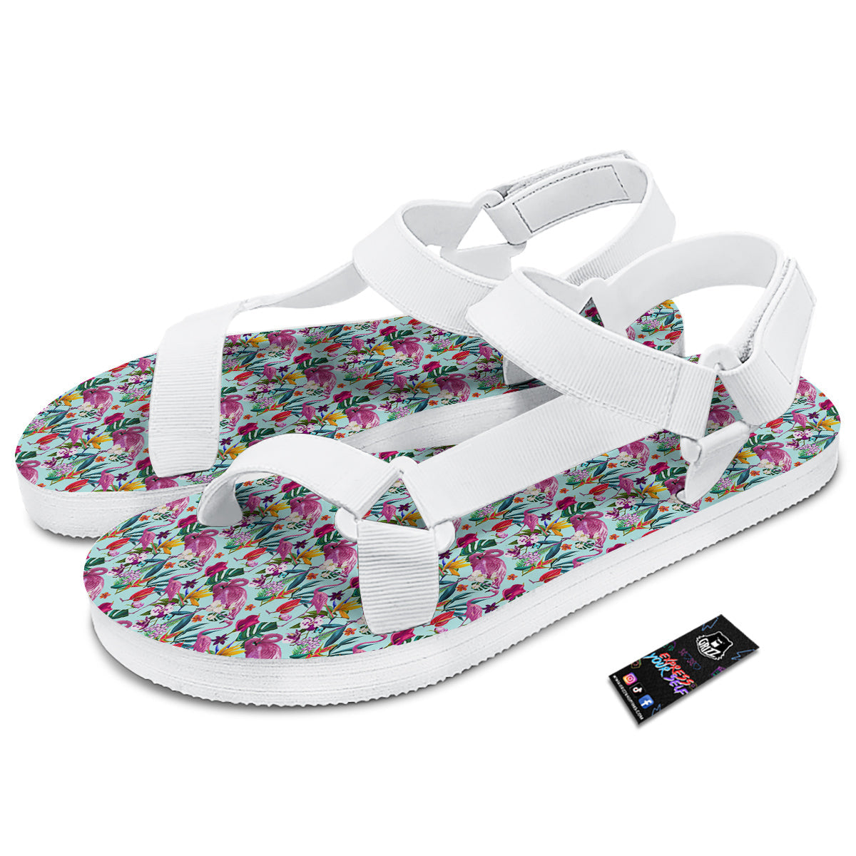Flamingo Tropical Colorful Print White Open Toe Sandals-grizzshop