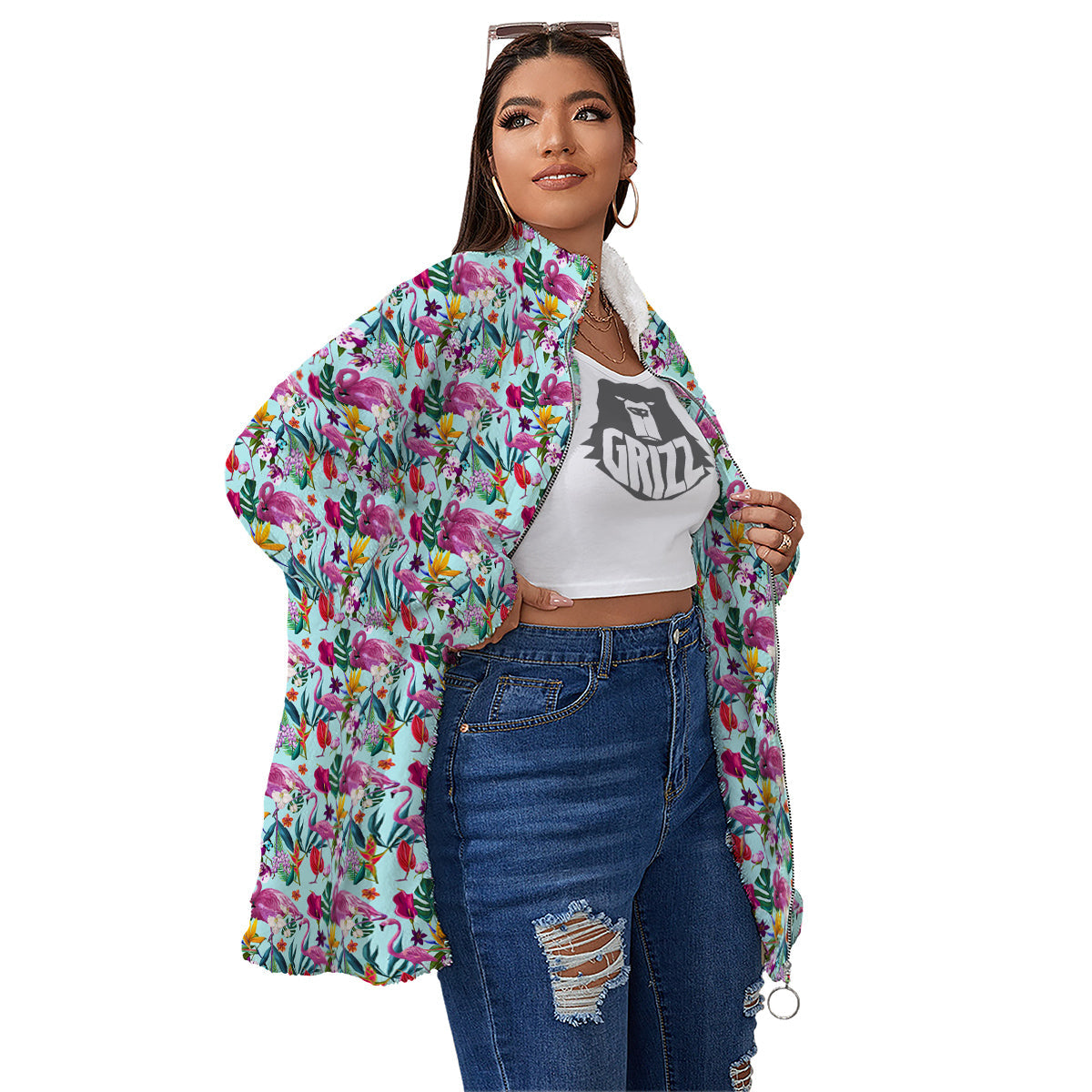 Flamingo Tropical Colorful Print Women's Sherpa Jacket-grizzshop