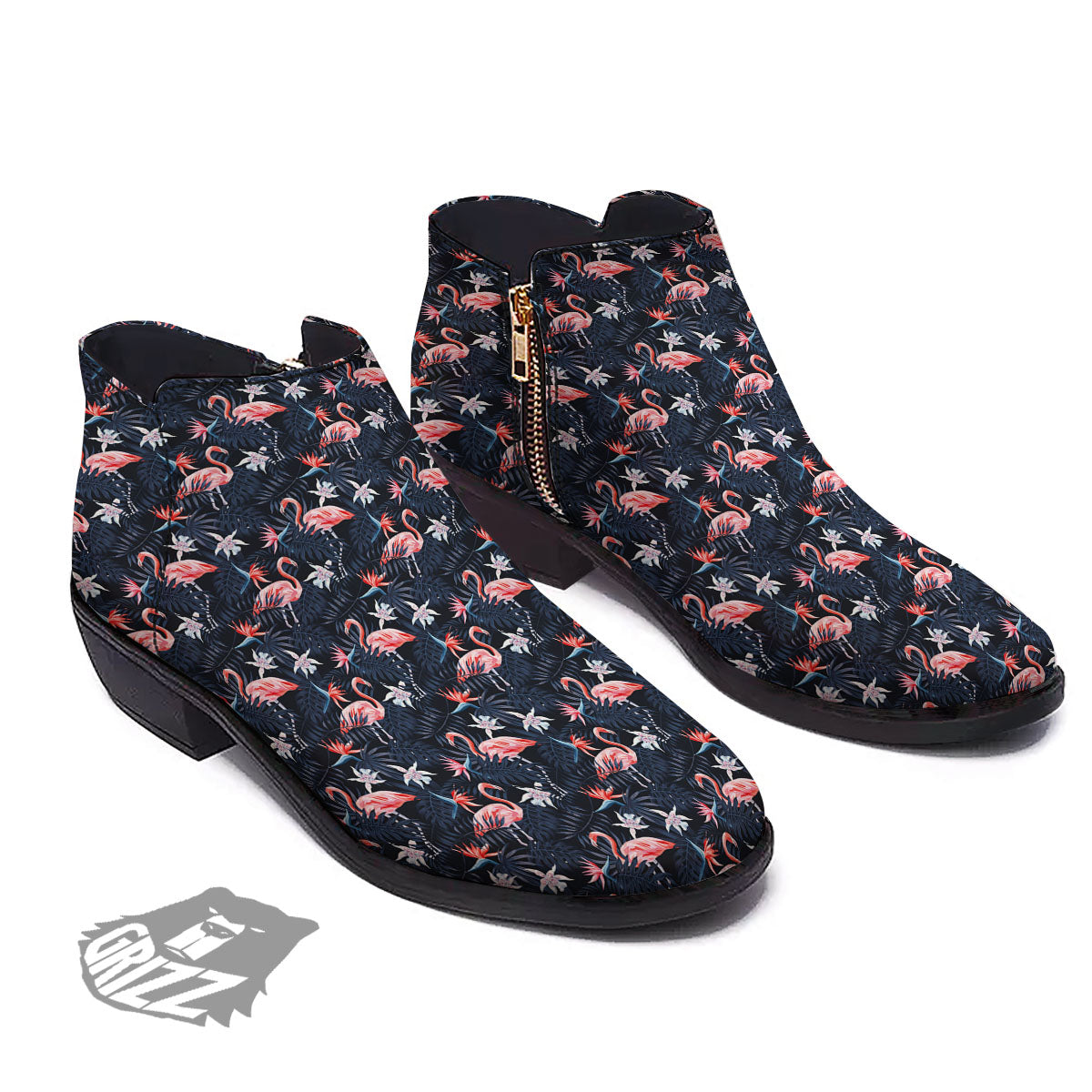 Flamingo Tropical Dark Print Pattern Ankle Boots-grizzshop