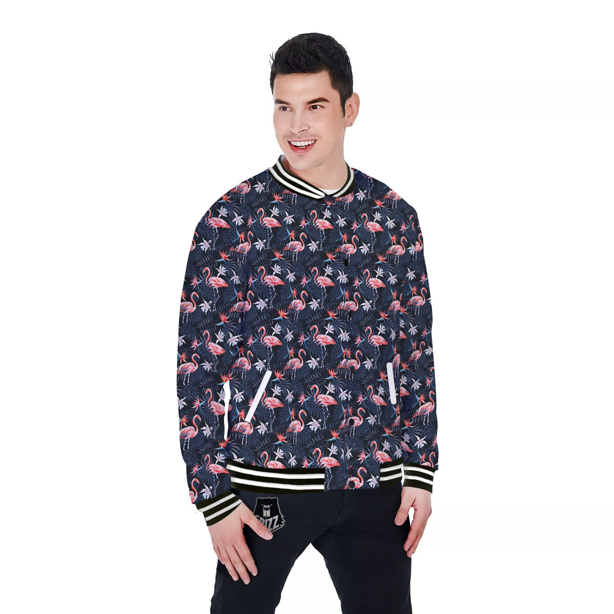 Flamingo Tropical Dark Print Pattern Baseball Jacket-grizzshop