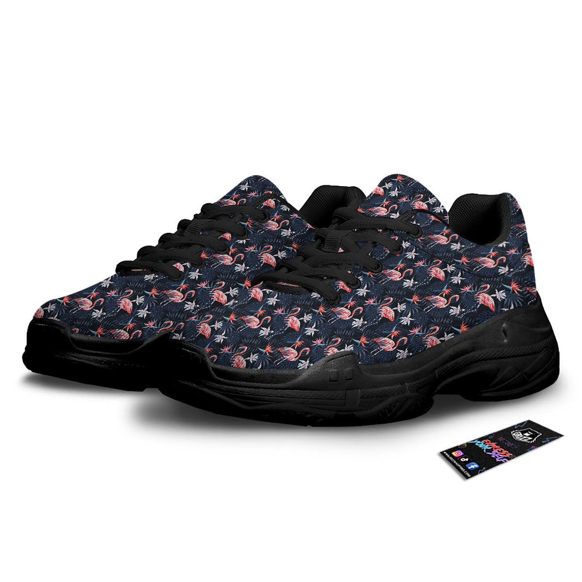 Flamingo Tropical Dark Print Pattern Black Chunky Shoes-grizzshop