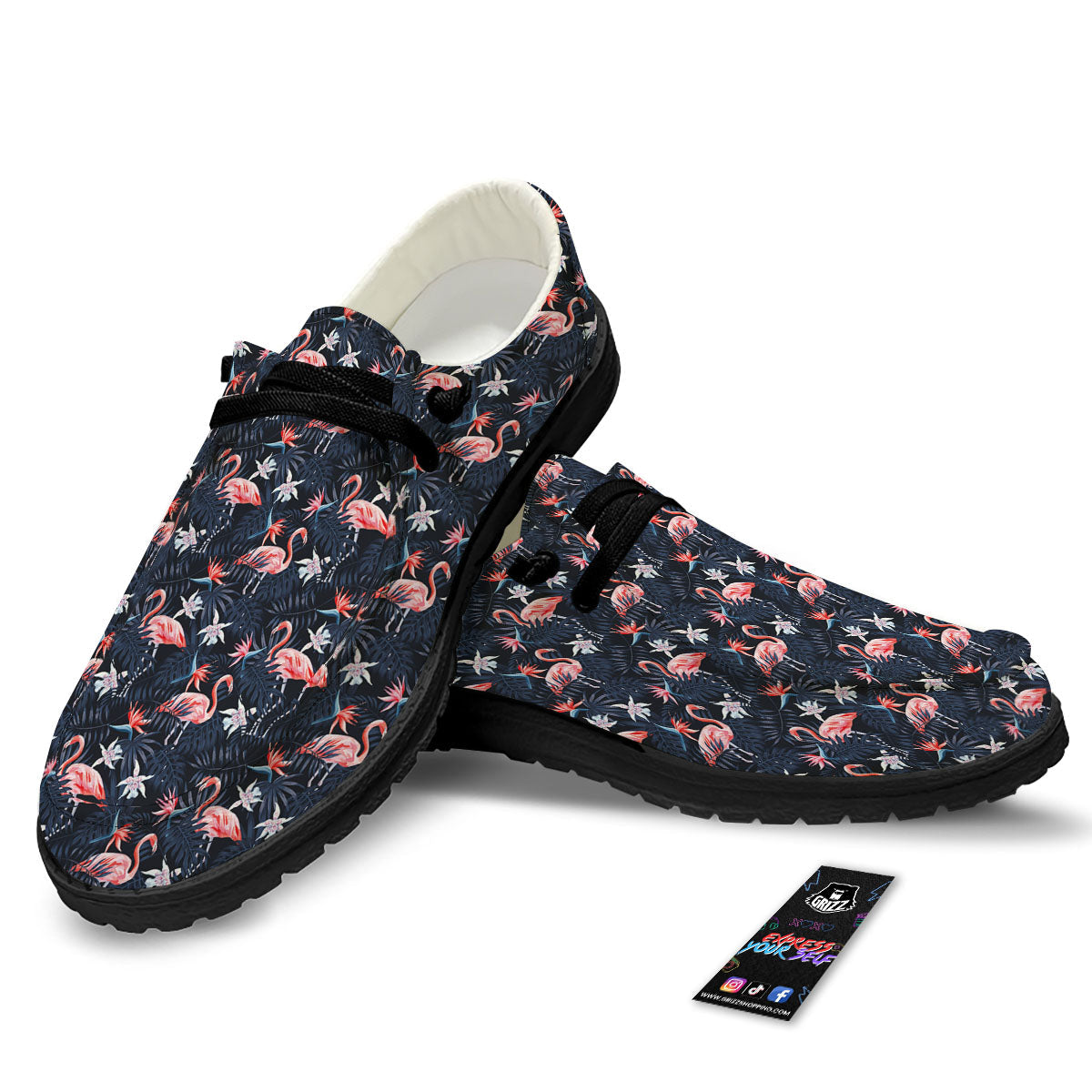 Flamingo Tropical Dark Print Pattern Black Loafers-grizzshop