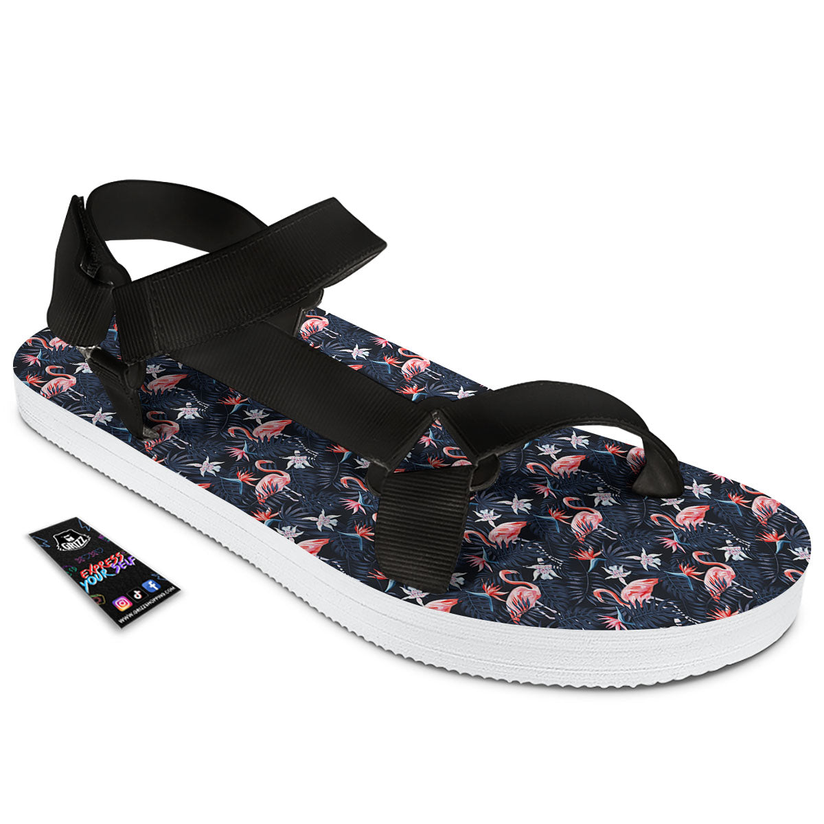 Flamingo Tropical Dark Print Pattern Black Open Toe Sandals-grizzshop