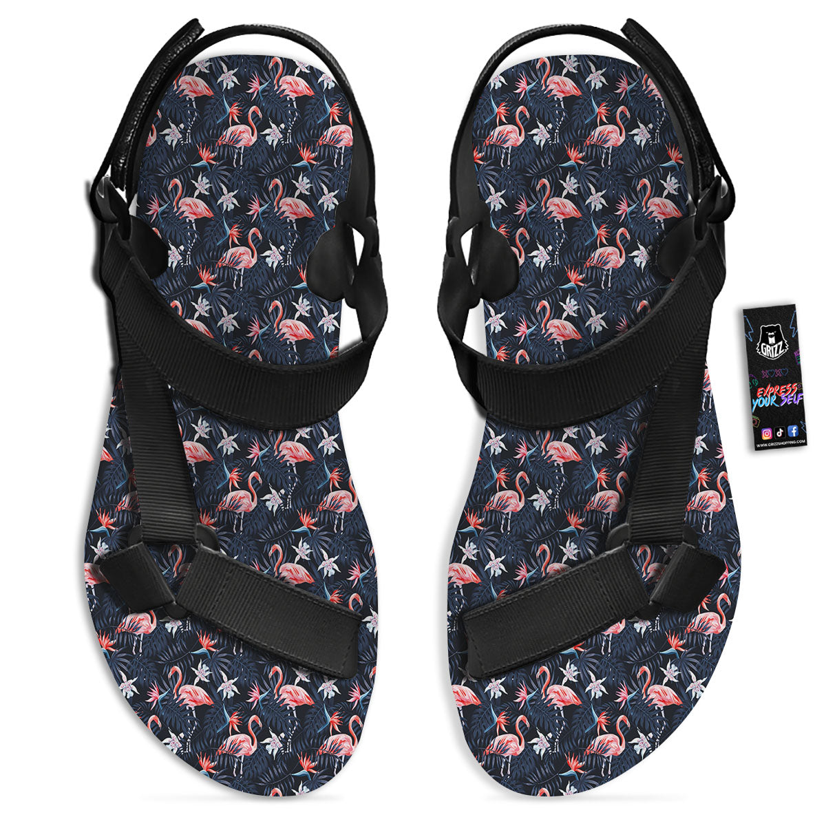 Flamingo Tropical Dark Print Pattern Black Open Toe Sandals-grizzshop
