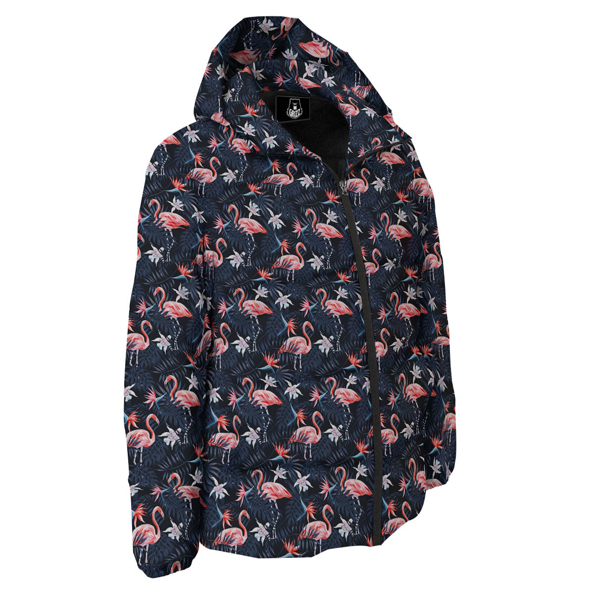 Flamingo Tropical Dark Print Pattern Down Jacket-grizzshop
