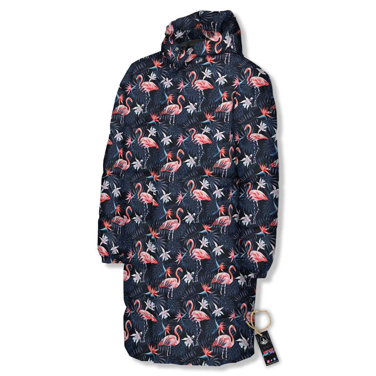 Flamingo Tropical Dark Print Pattern Long Down Jacket-grizzshop