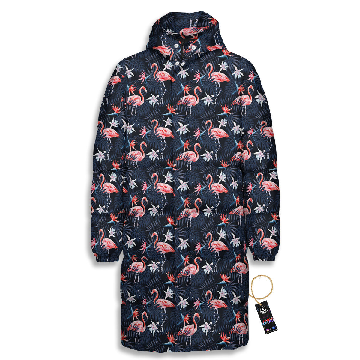 Flamingo Tropical Dark Print Pattern Long Down Jacket-grizzshop