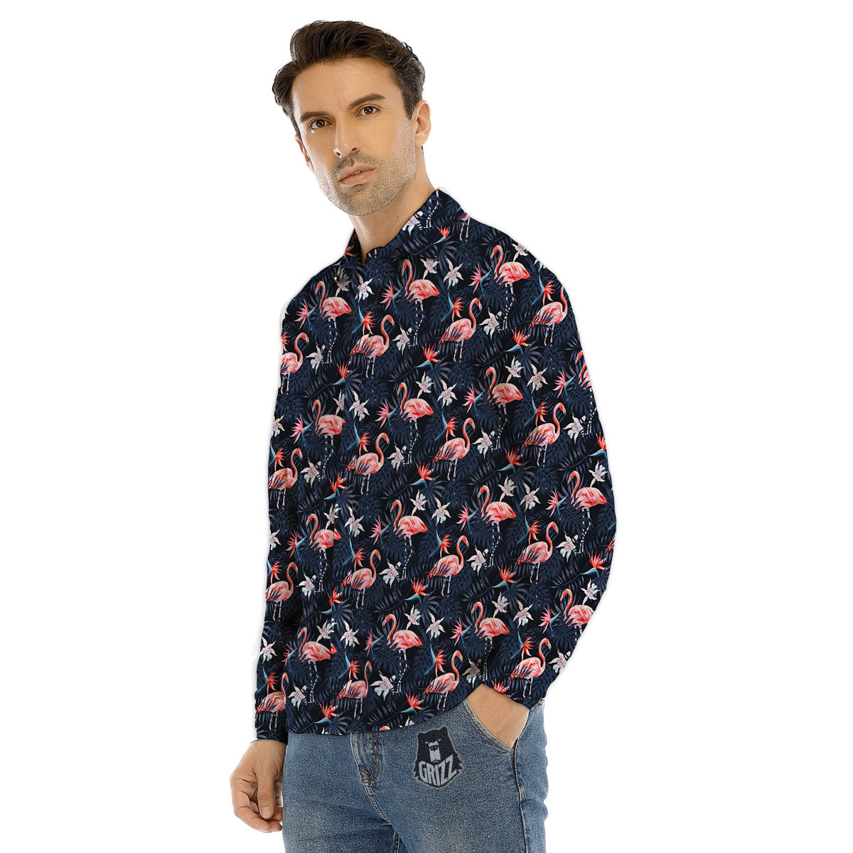Flamingo Tropical Dark Print Pattern Men's Dress Shirts-grizzshop