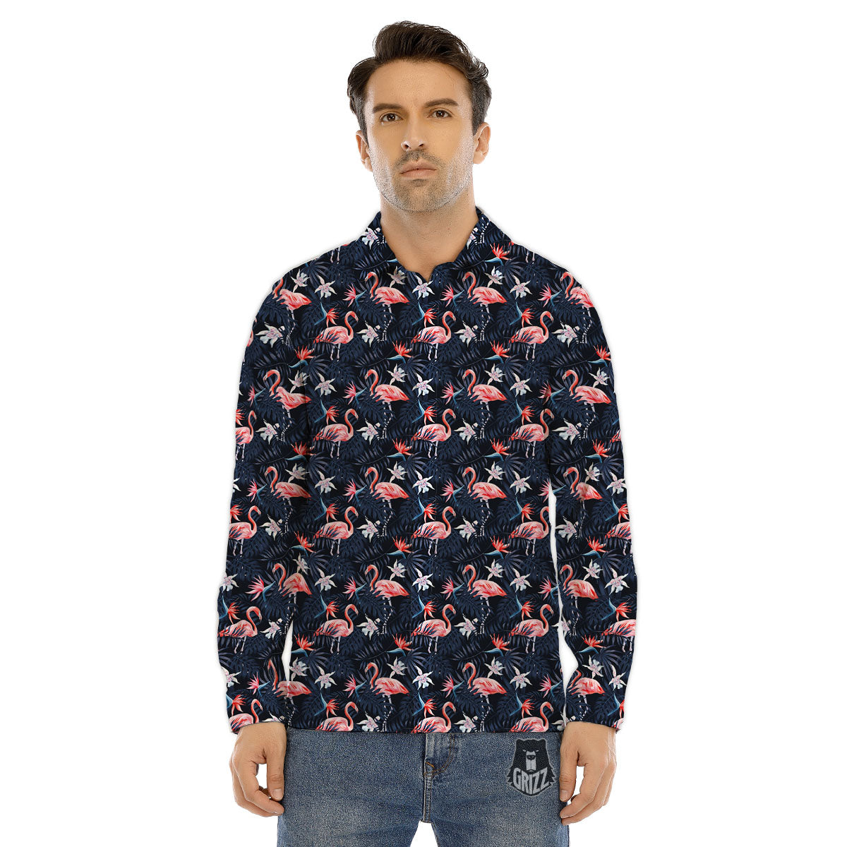 Flamingo Tropical Dark Print Pattern Men's Dress Shirts-grizzshop