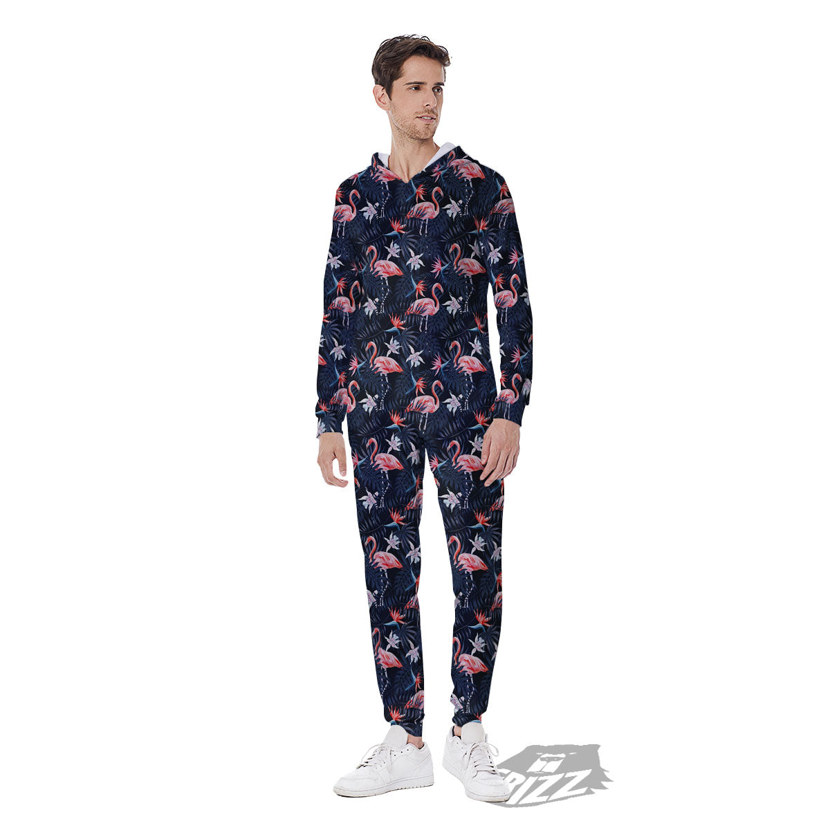 Flamingo Tropical Dark Print Pattern Men's Jumpsuit-grizzshop