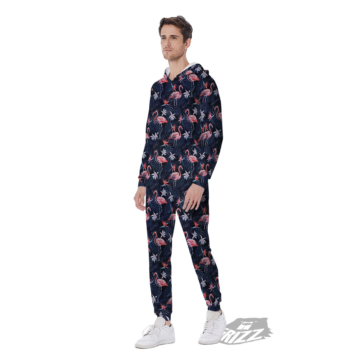 Flamingo Tropical Dark Print Pattern Men's Jumpsuit-grizzshop