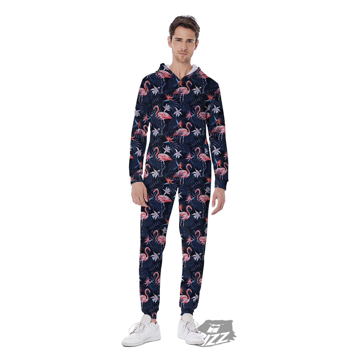 Flamingo Tropical Dark Print Pattern Men's Jumpsuit-grizzshop