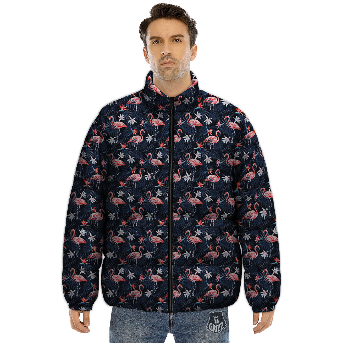 Flamingo Tropical Dark Print Pattern Puffer Jacket-grizzshop