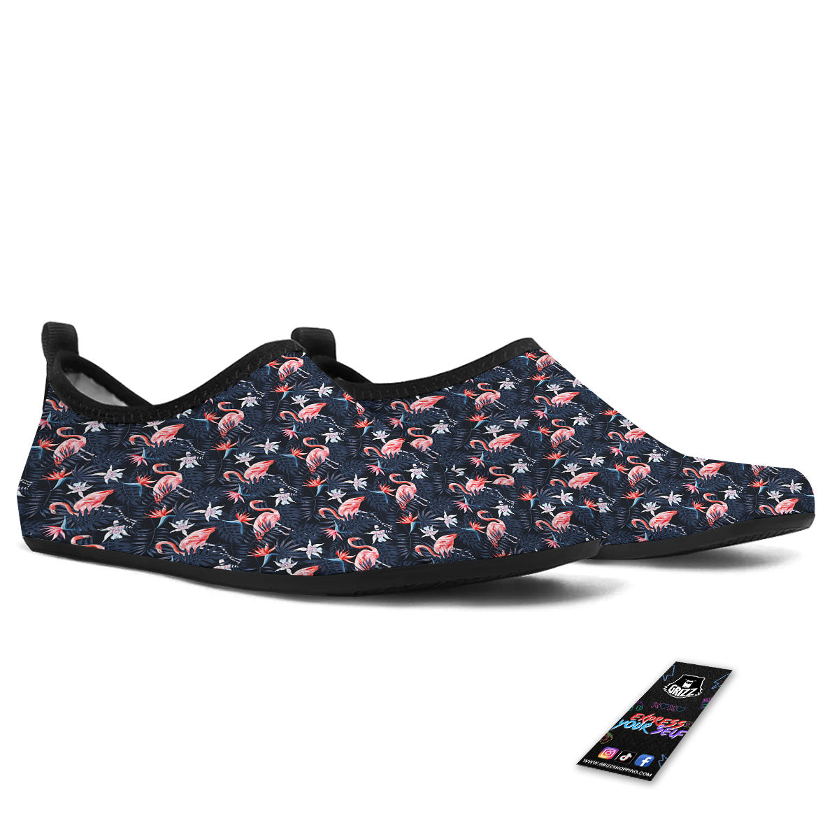 Flamingo Tropical Dark Print Pattern Water Shoes-grizzshop