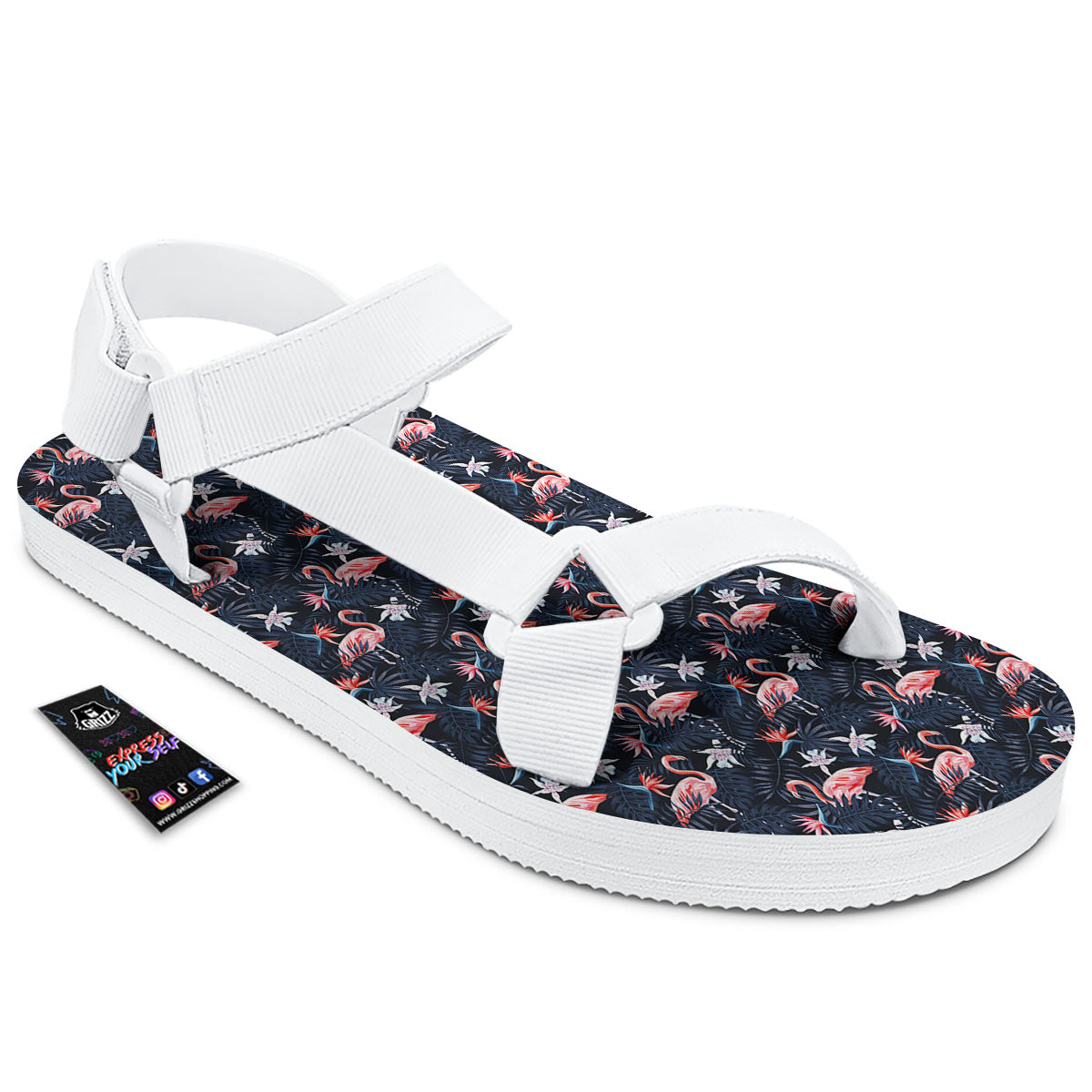 Flamingo Tropical Dark Print Pattern White Open Toe Sandals-grizzshop