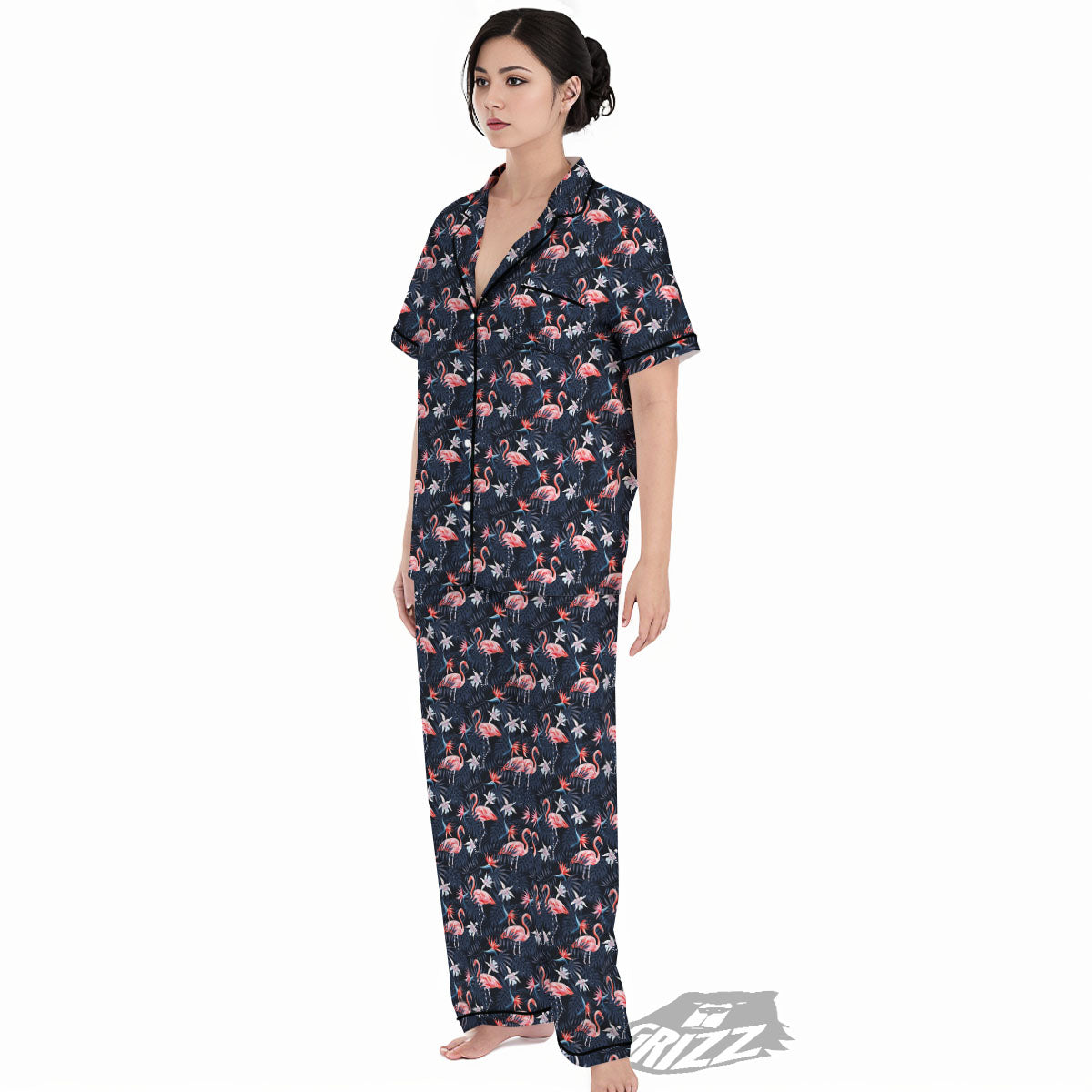 Flamingo Tropical Dark Print Pattern Women's Pajamas Set-grizzshop