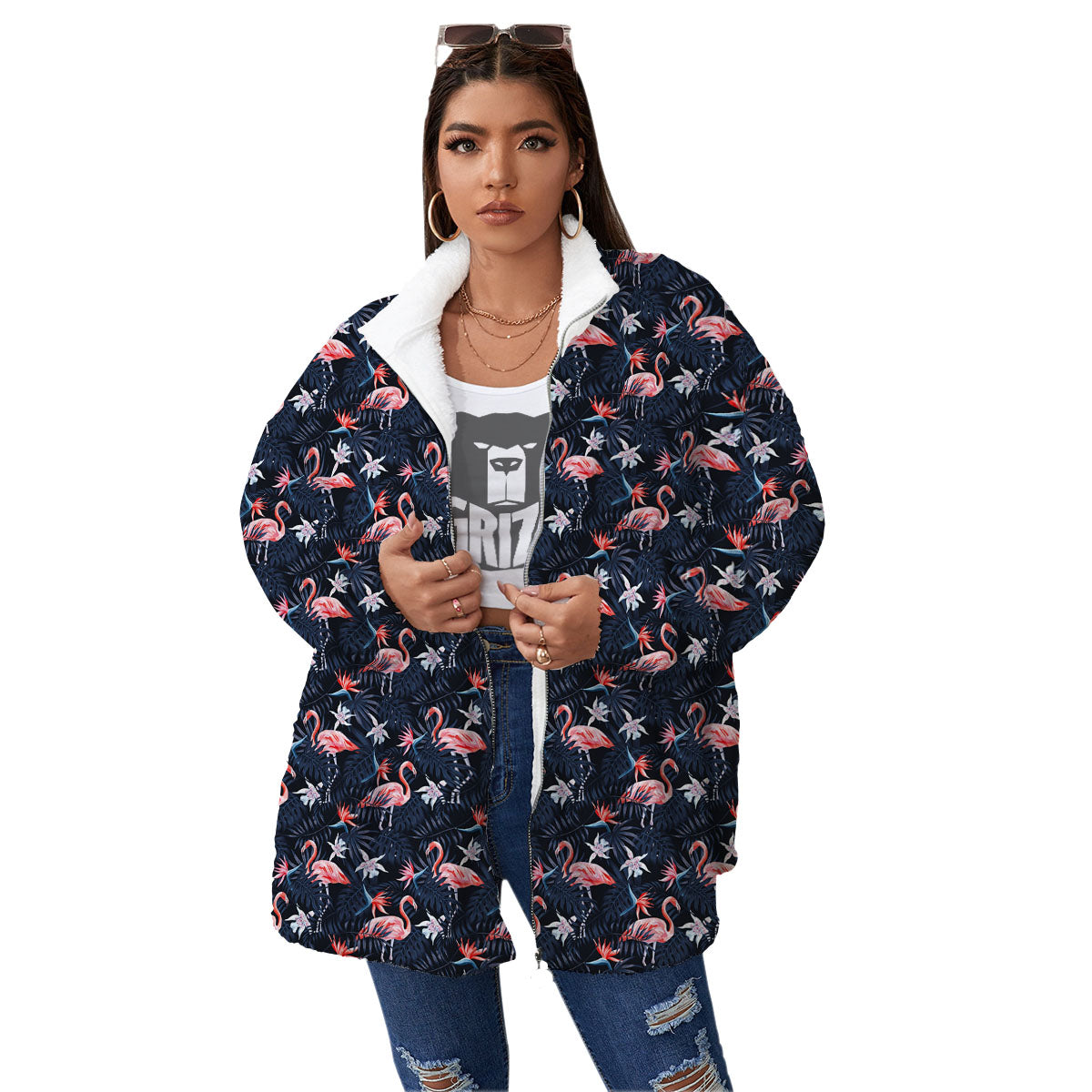 Flamingo Tropical Dark Print Pattern Women's Sherpa Jacket-grizzshop