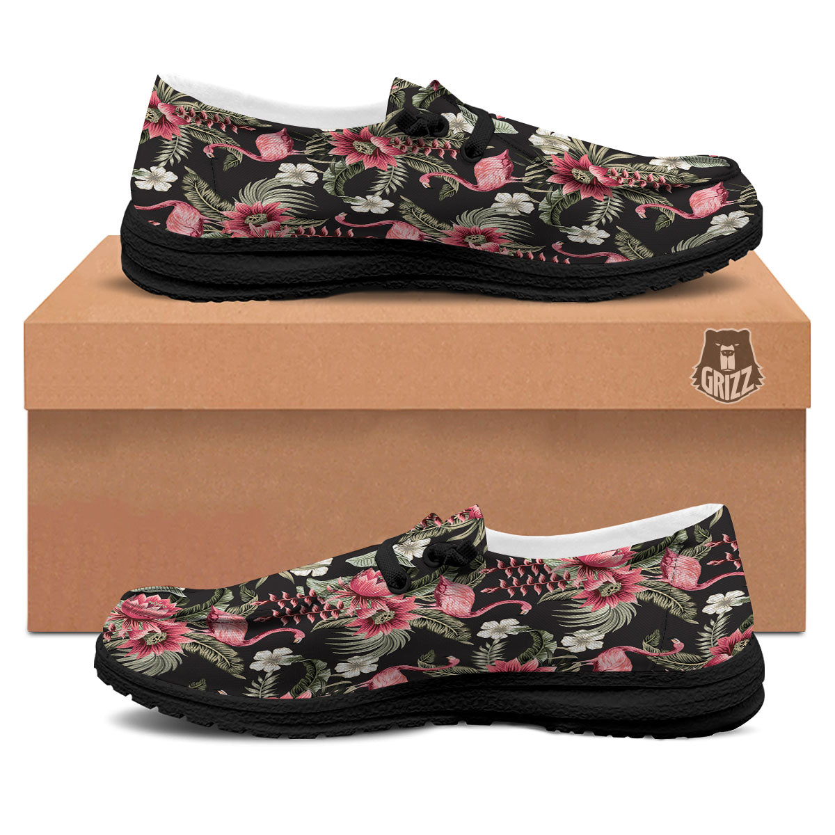 Flamingo Vintage Print Pattern Black Loafers-grizzshop