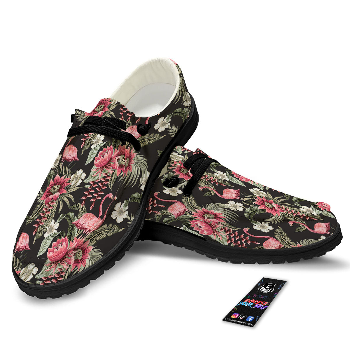 Flamingo Vintage Print Pattern Black Loafers-grizzshop