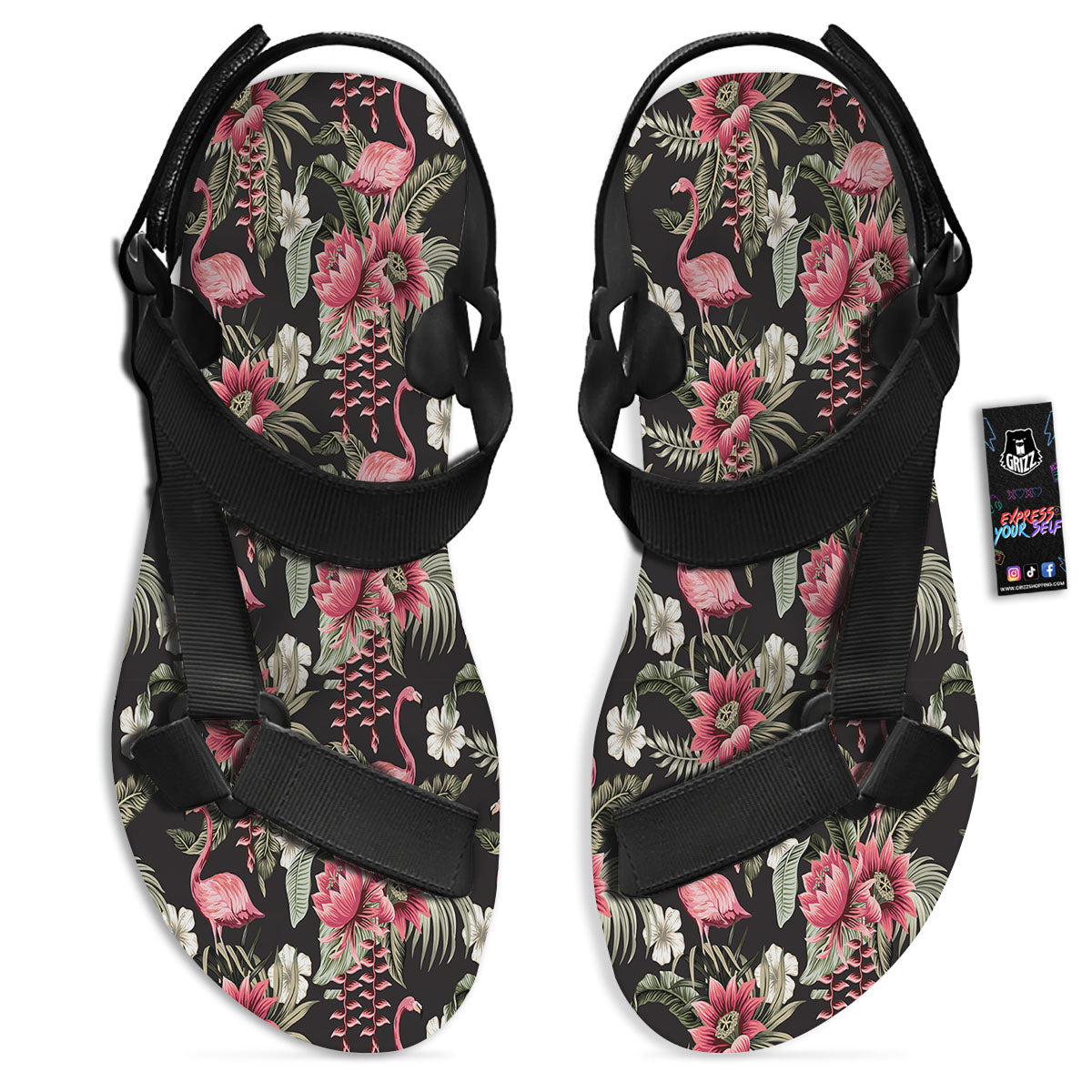 Flamingo Vintage Print Pattern Black Open Toe Sandals-grizzshop