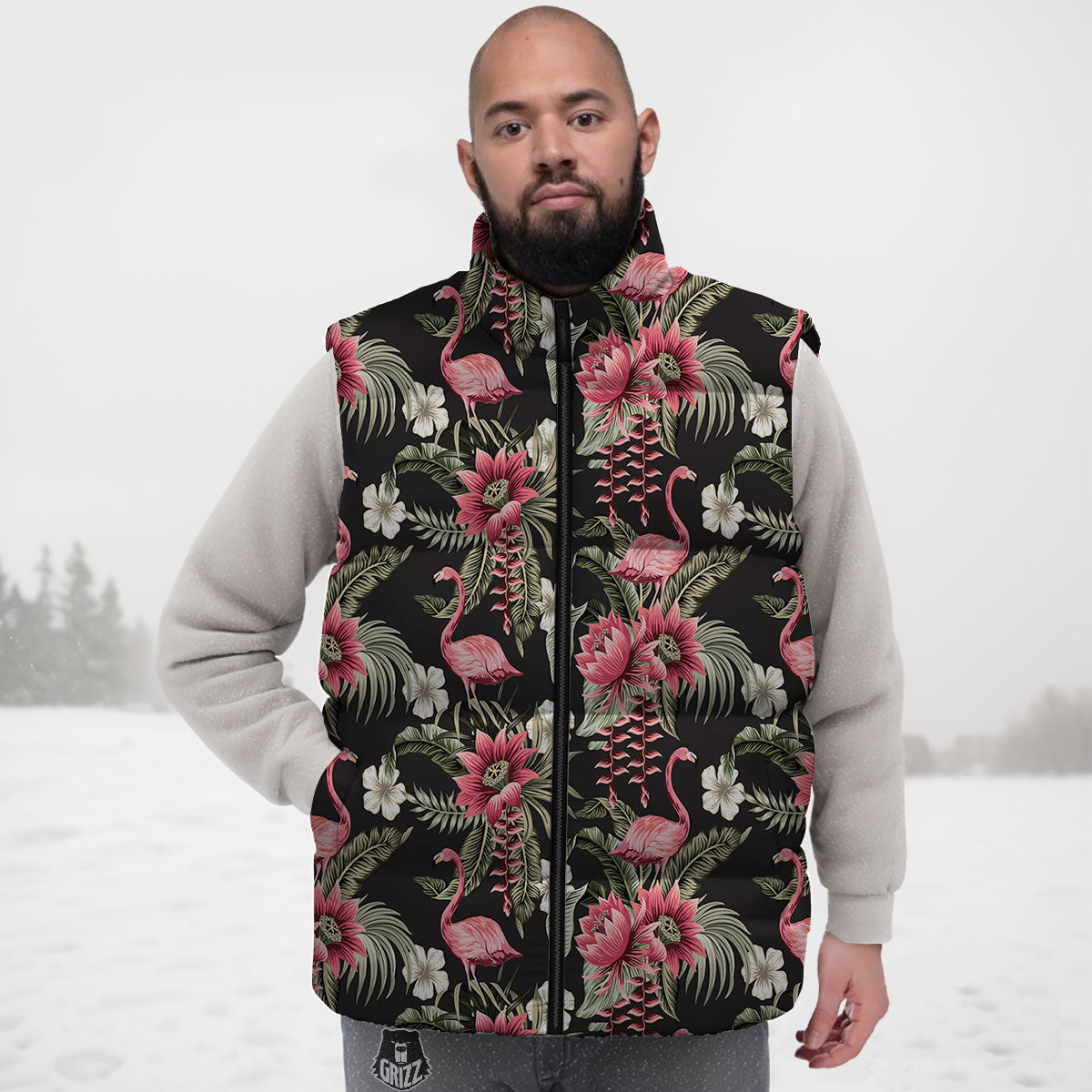 Flamingo Vintage Print Pattern Down Vest