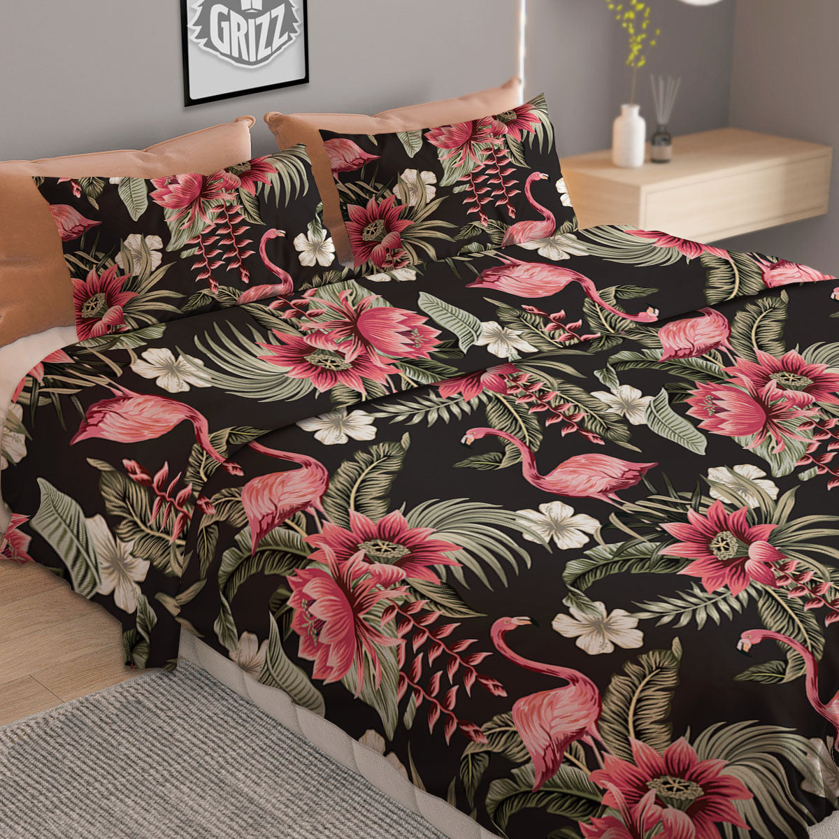 Flamingo Vintage Print Pattern Duvet Cover Bedding Set
