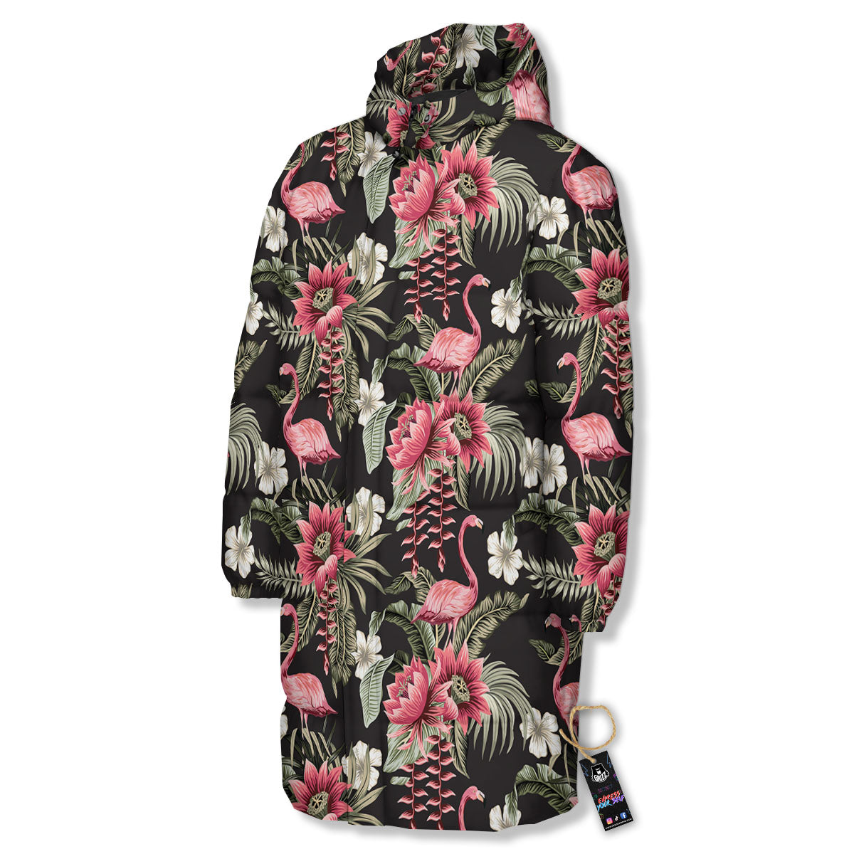 Flamingo Vintage Print Pattern Long Down Jacket-grizzshop