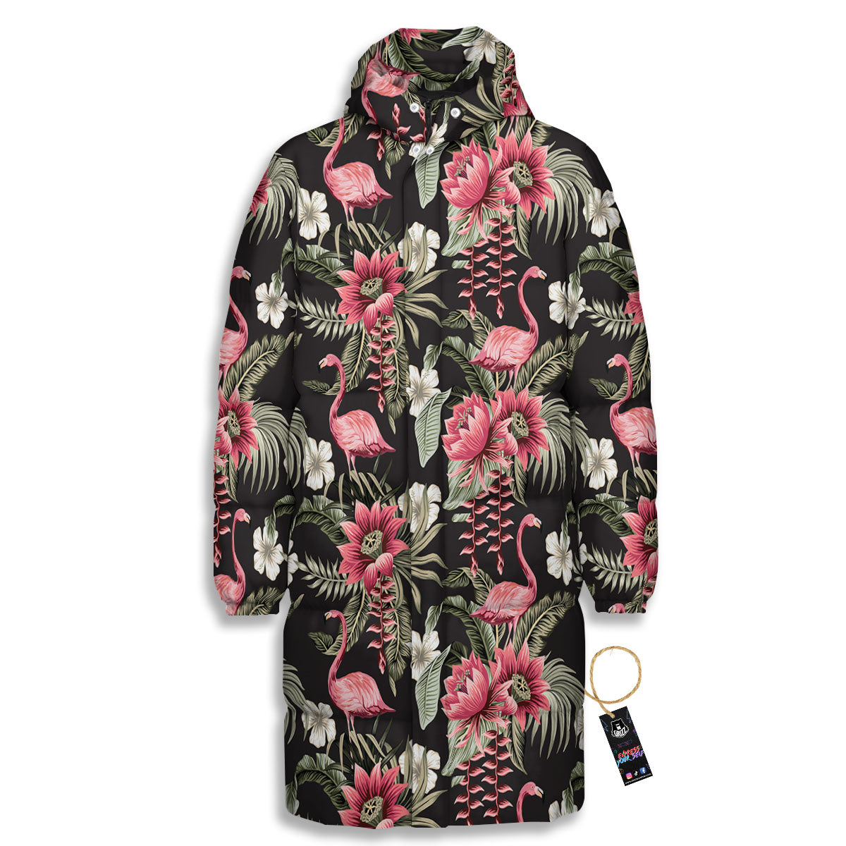 Flamingo Vintage Print Pattern Long Down Jacket-grizzshop