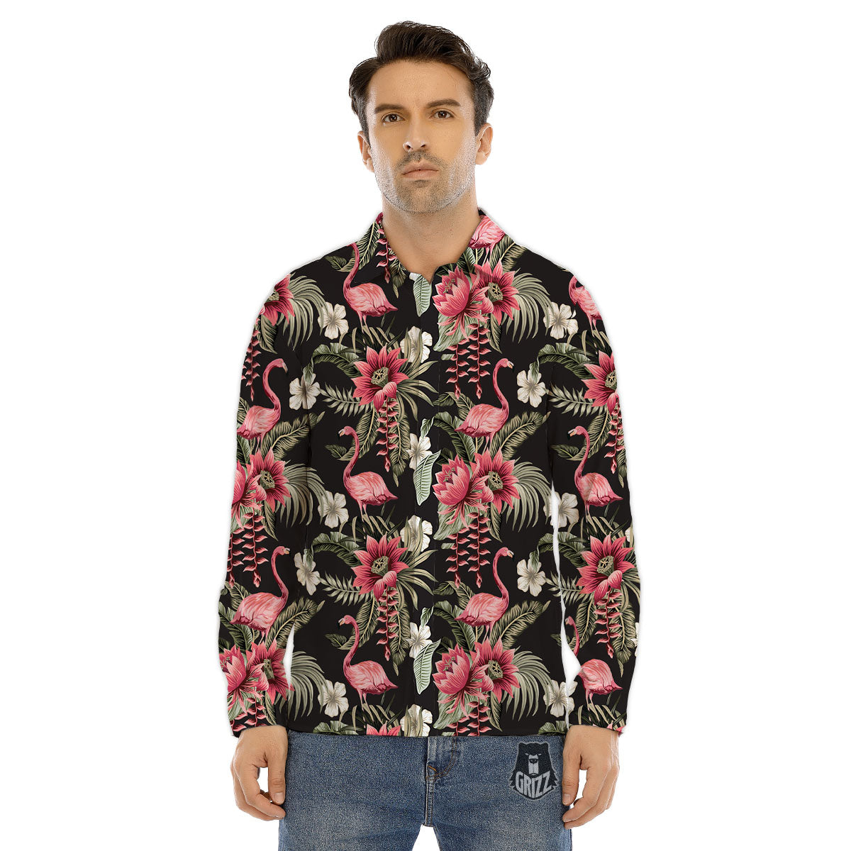Flamingo Vintage Print Pattern Men's Dress Shirts-grizzshop