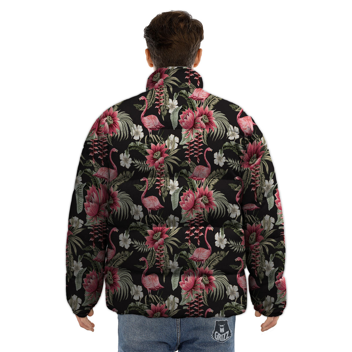 Flamingo Vintage Print Pattern Puffer Jacket-grizzshop