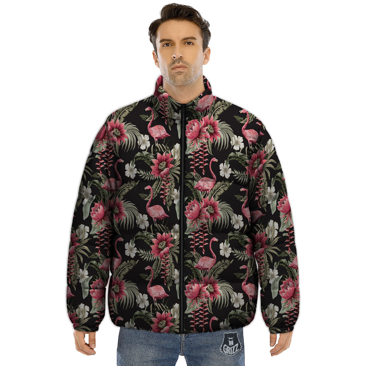 Flamingo Vintage Print Pattern Puffer Jacket-grizzshop