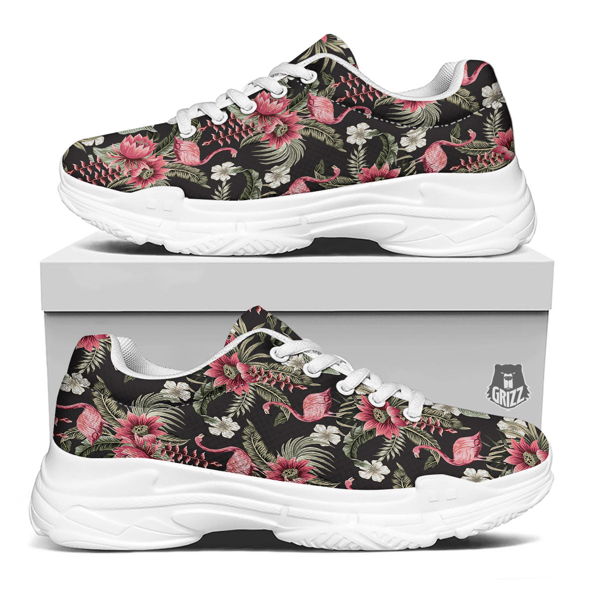 Flamingo Vintage Print Pattern White Chunky Shoes-grizzshop
