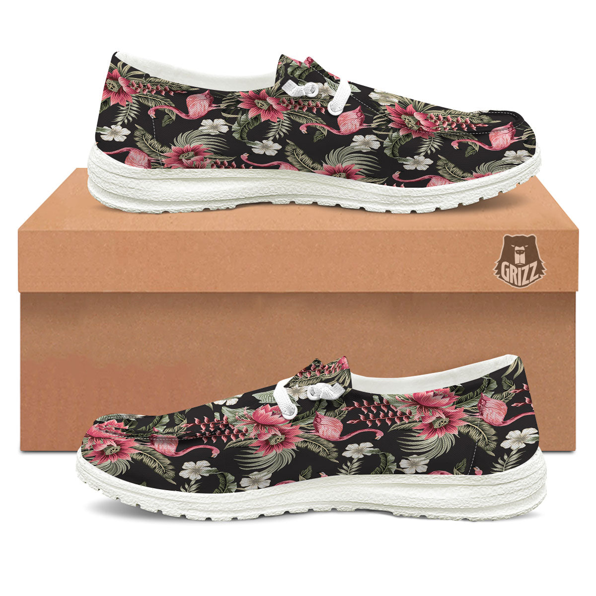 Flamingo Vintage Print Pattern White Loafers-grizzshop