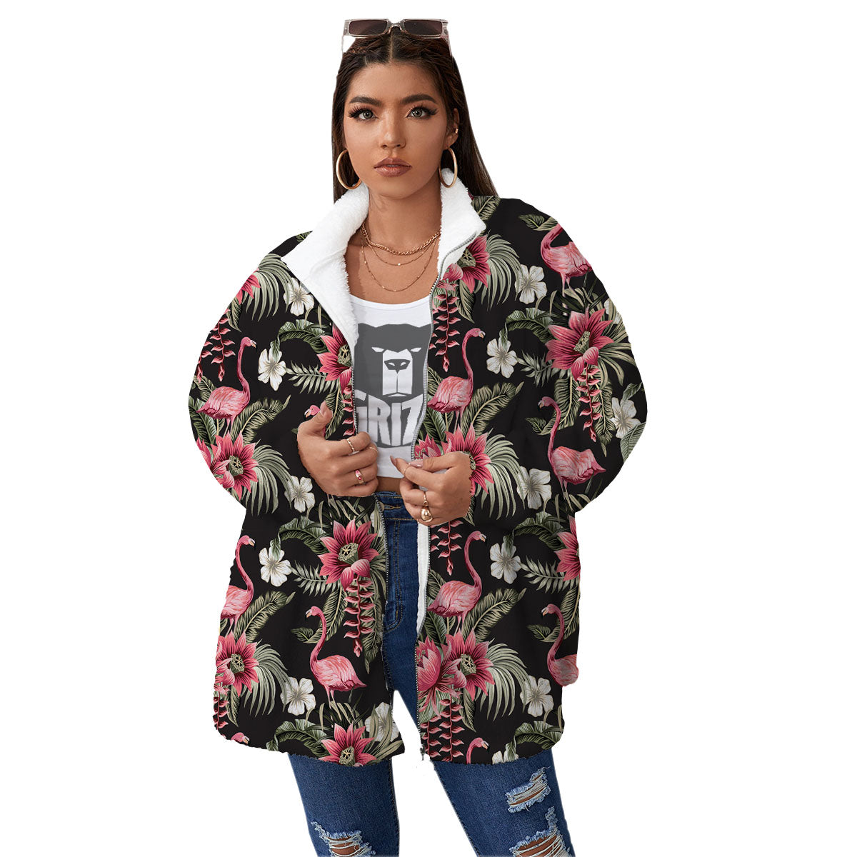 Flamingo Vintage Print Pattern Women's Sherpa Jacket-grizzshop
