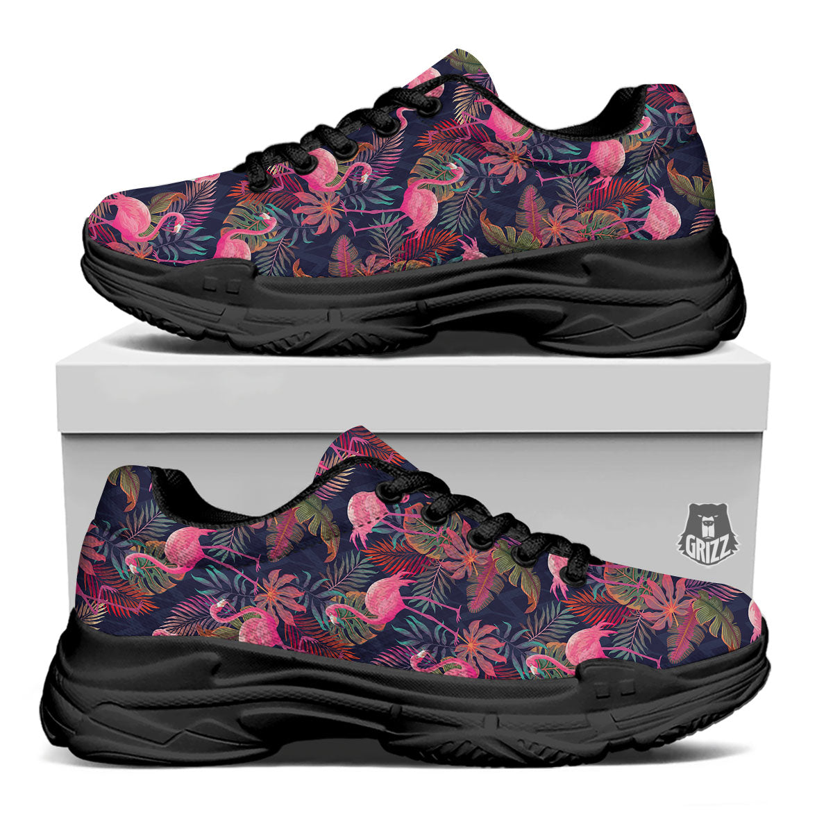 Flamingo Watercolor Print Pattern Black Chunky Shoes-grizzshop