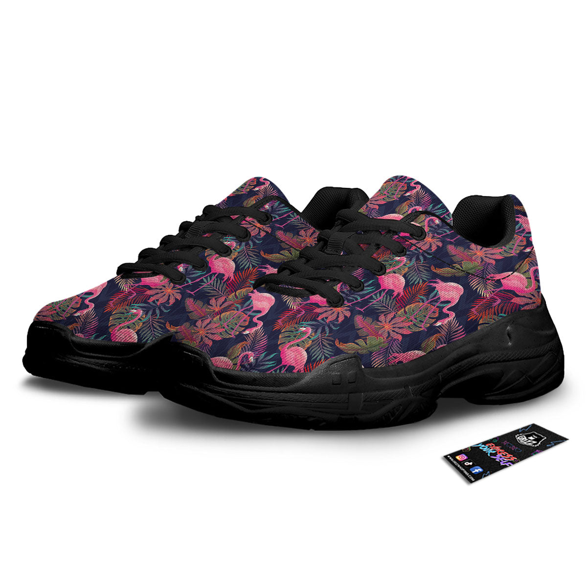 Flamingo Watercolor Print Pattern Black Chunky Shoes-grizzshop