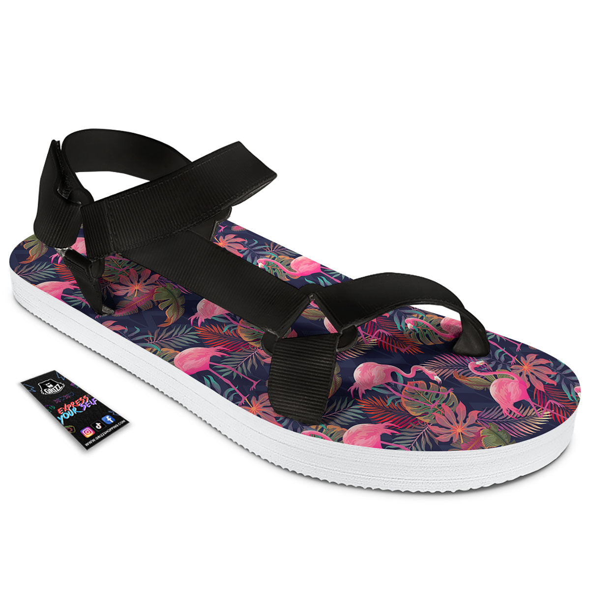 Flamingo Watercolor Print Pattern Black Open Toe Sandals-grizzshop