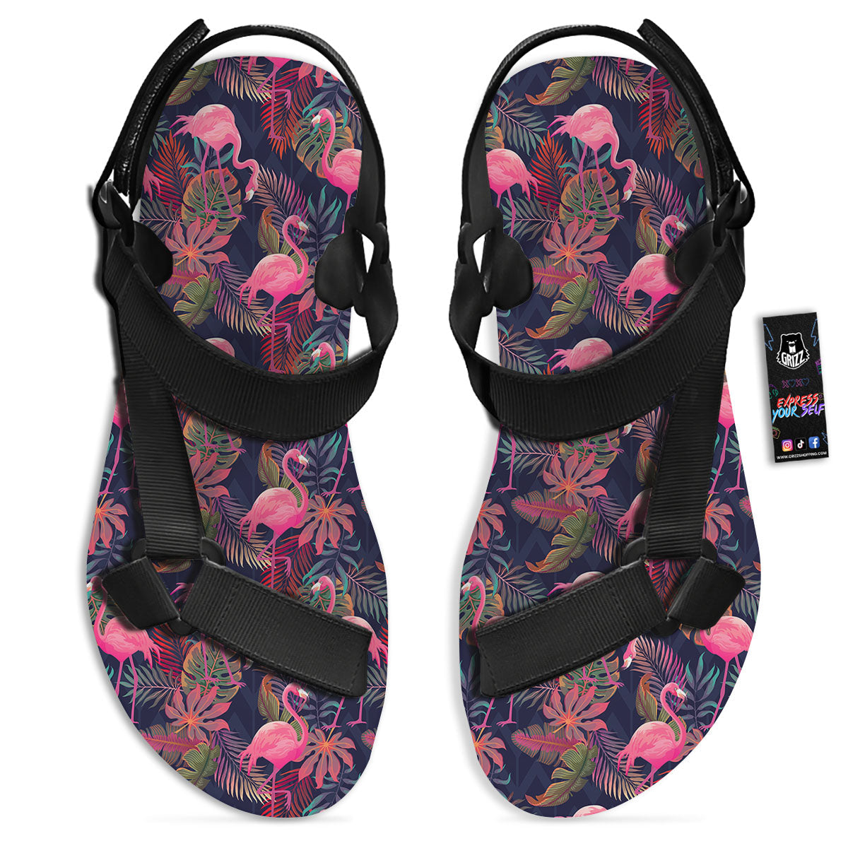 Flamingo Watercolor Print Pattern Black Open Toe Sandals-grizzshop