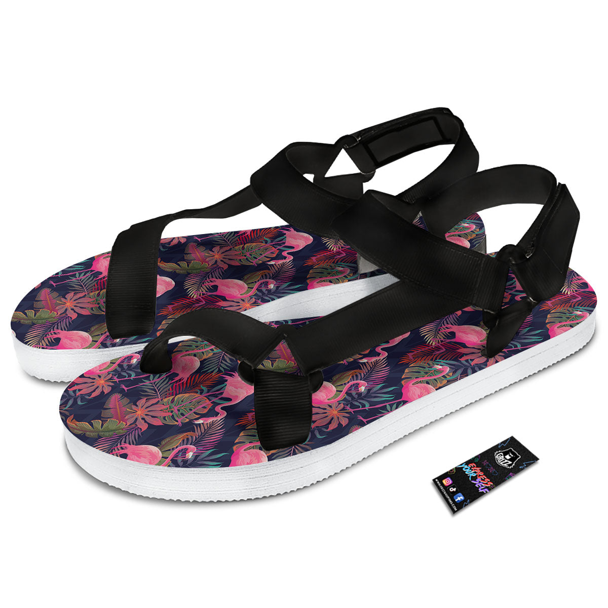 Flamingo Watercolor Print Pattern Black Open Toe Sandals-grizzshop