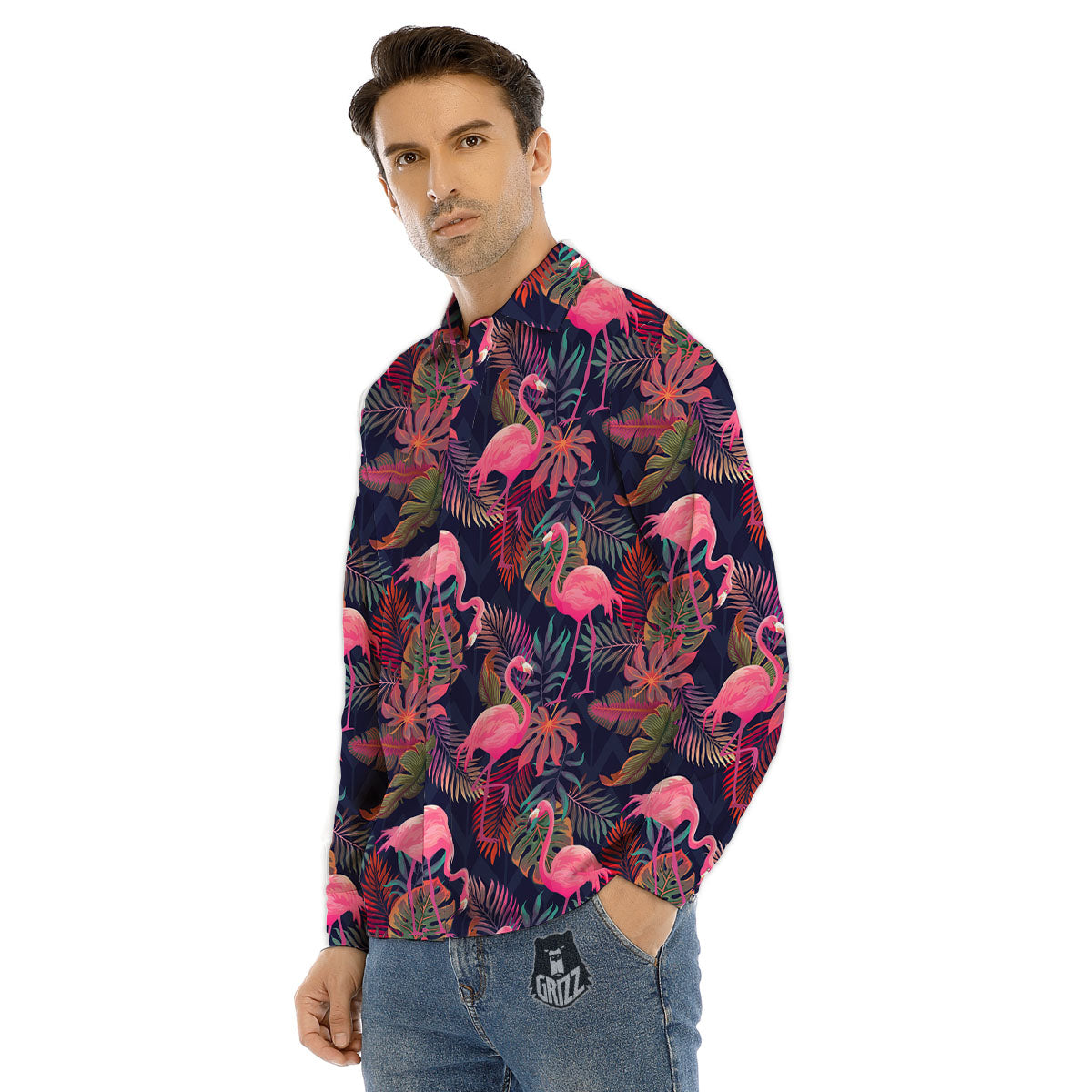 Flamingo Watercolor Print Pattern Men's Dress Shirts-grizzshop