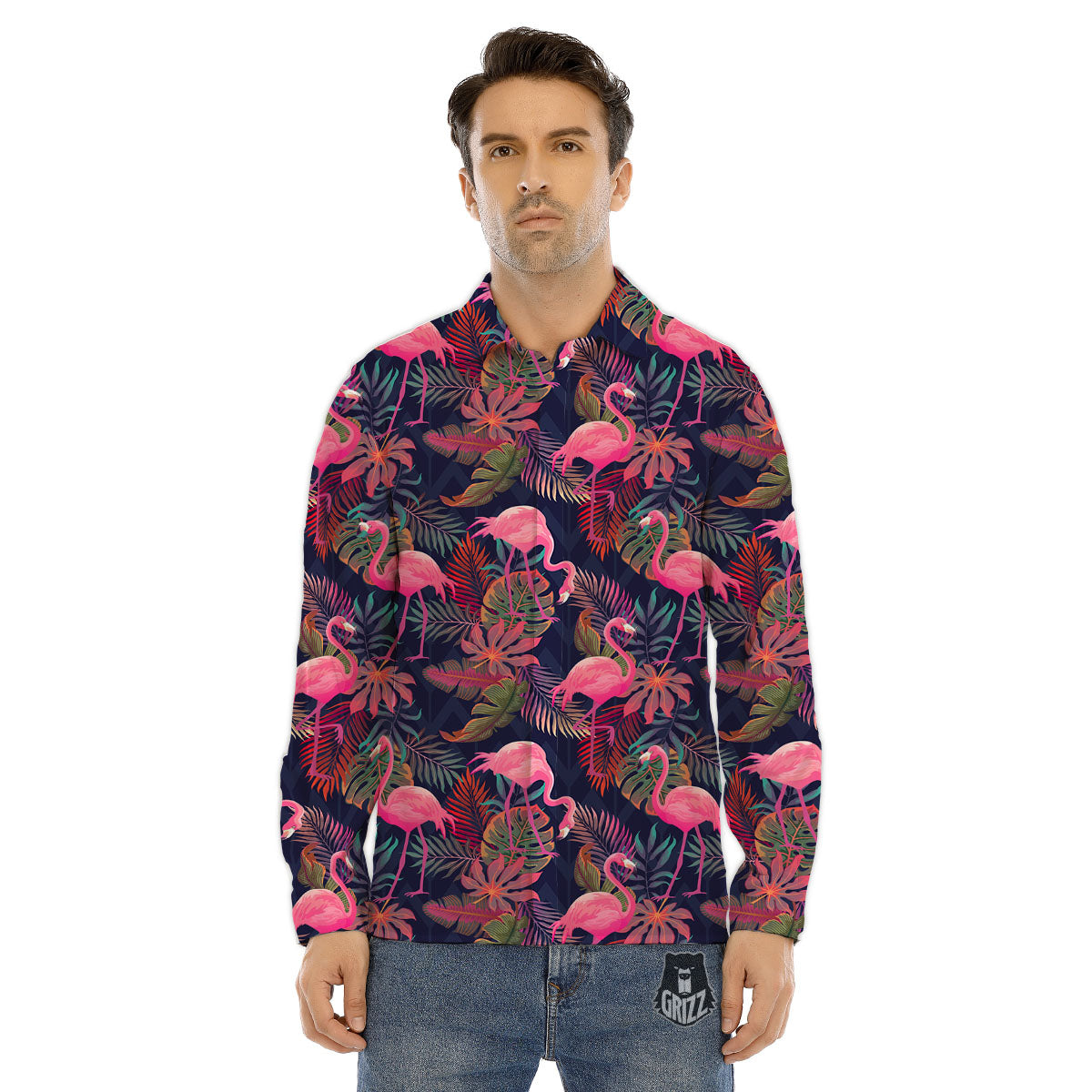 Flamingo Watercolor Print Pattern Men's Dress Shirts-grizzshop