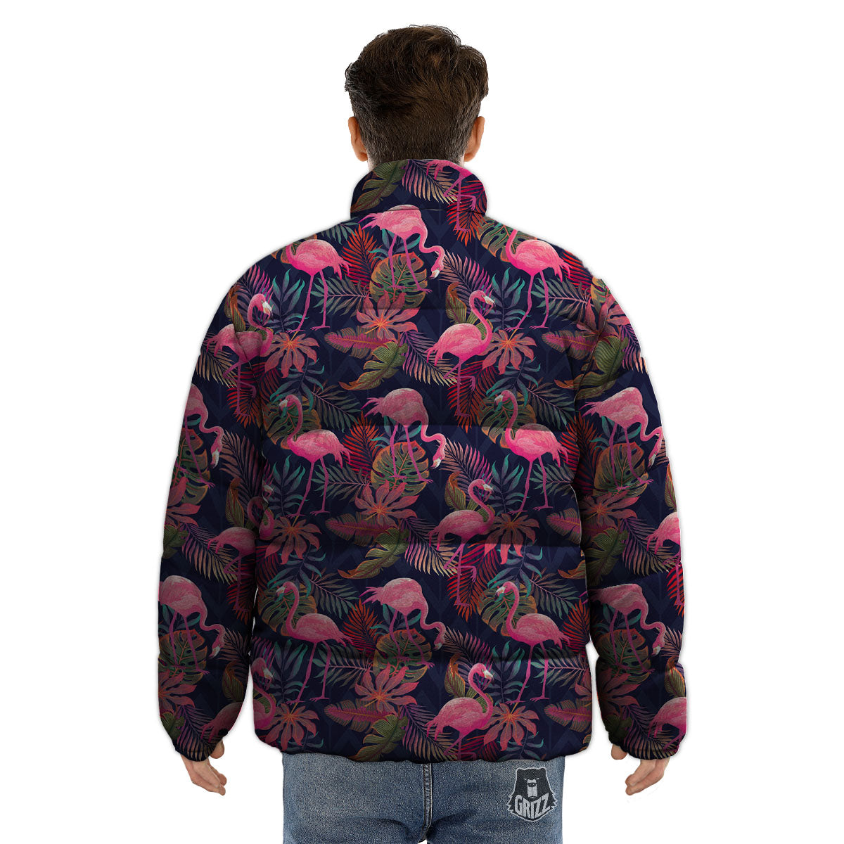 Flamingo Watercolor Print Pattern Puffer Jacket-grizzshop