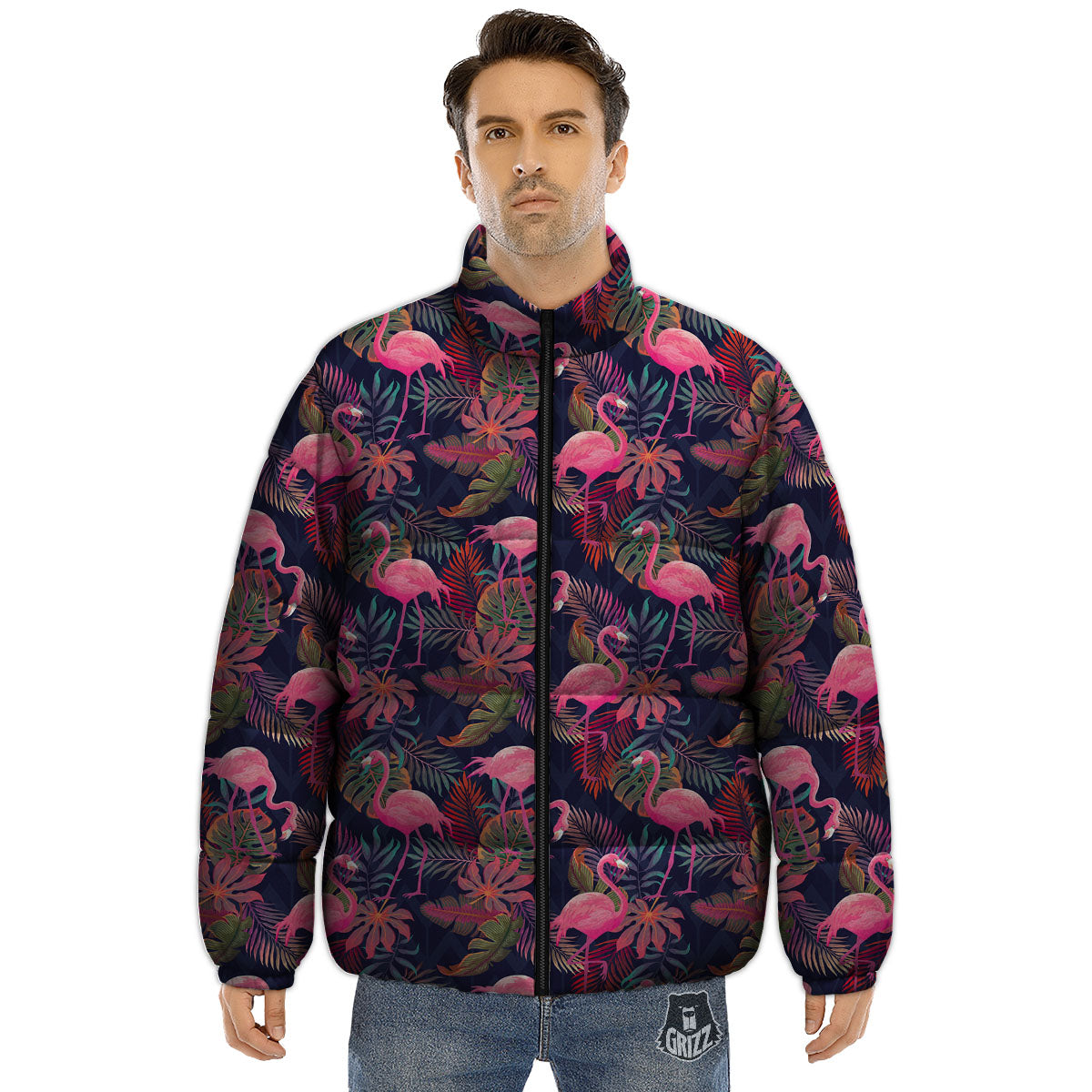 Flamingo Watercolor Print Pattern Puffer Jacket-grizzshop