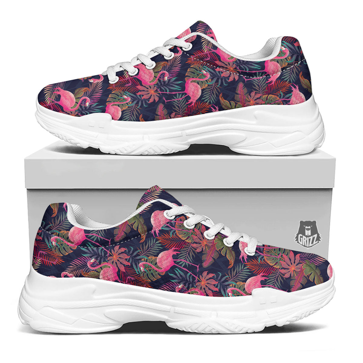 Flamingo Watercolor Print Pattern White Chunky Shoes-grizzshop