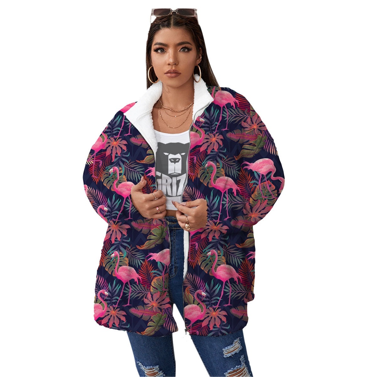 Flamingo Watercolor Print Pattern Women's Sherpa Jacket-grizzshop