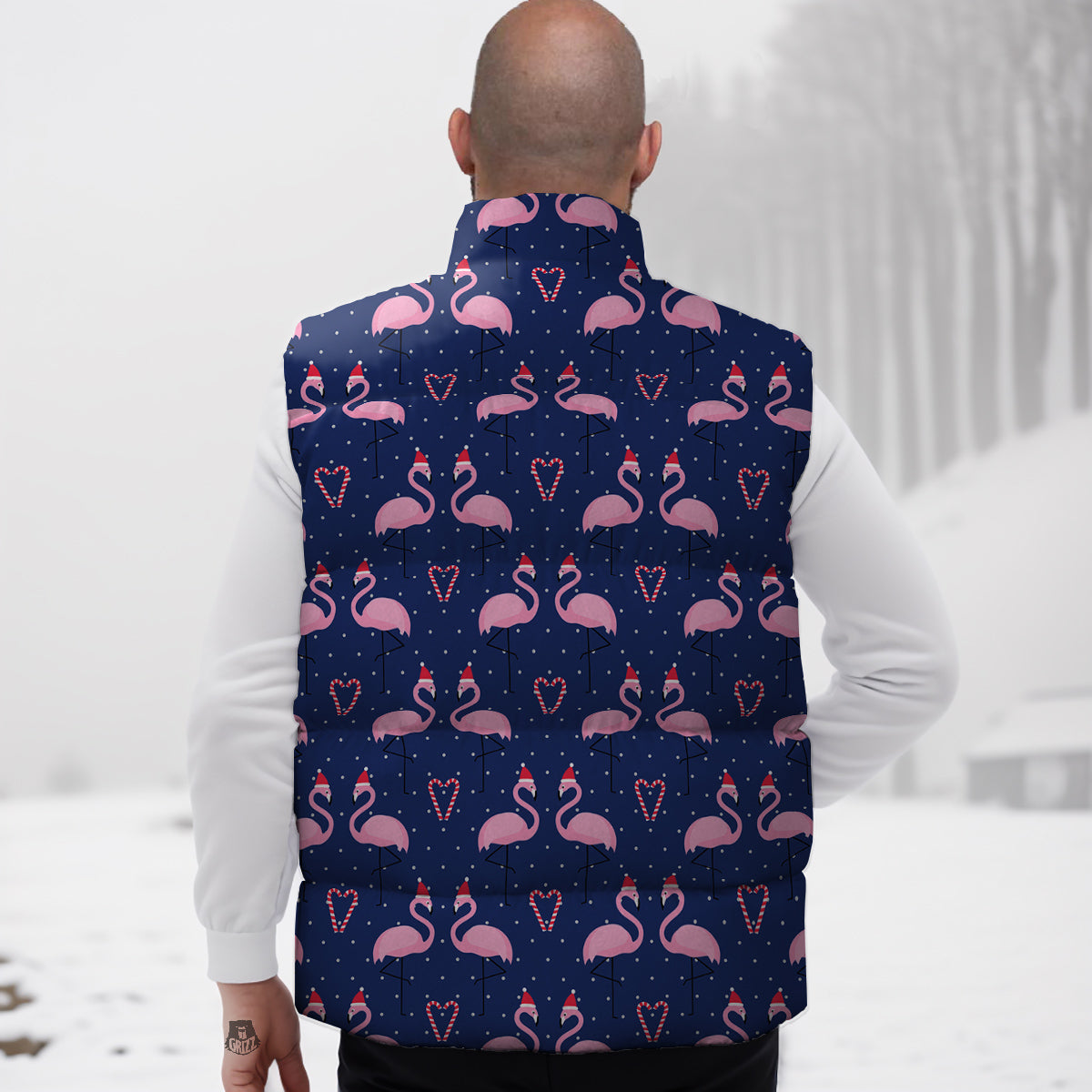 Flamingo Christmas Snowy Print Pattern Down Vest