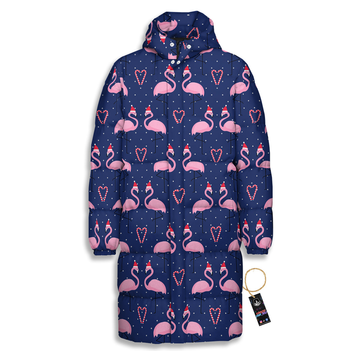 Flamingo Christmas Snowy Print Pattern Long Down Jacket